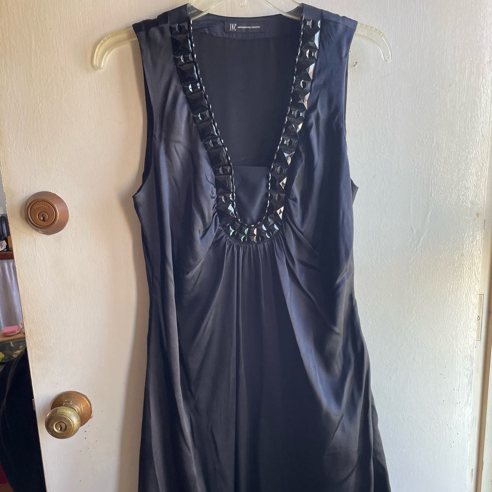 INC International Concepts black satin dress with large rhinestone neckline